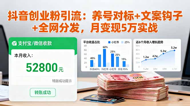 抖音创业粉引流：养号对标+文案钩子+全网分发，月变现5万实战-hl998