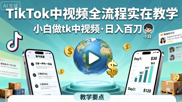 TikTok中视频全流程实操教学，小白做tk中视频，日入百刀-hl998
