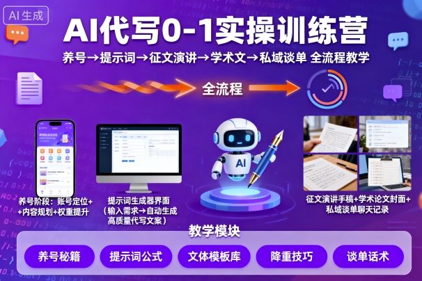 AI代写0-1实操训练营，从养号、提示词、征文演讲、学术文，到私域谈单的全流程教学-hl998