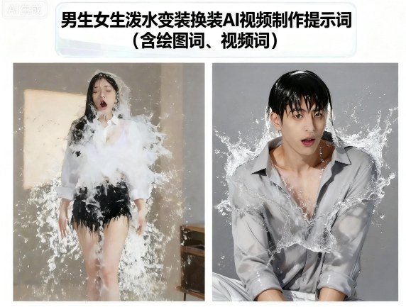 男生女生泼水变装换装AI视频制作提示词(含绘图词、视频词)-hl998