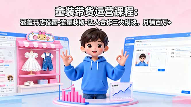 童装带货运营课程：涵盖开店设置-流量获取-达人合作三大模块，月销百万+-hl998