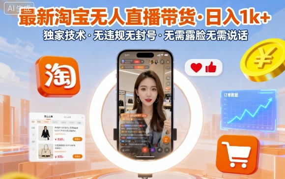 最新淘宝无人直播带货，日入1k+，独家技术，无违规无封号，无需露脸无需说话【揭秘】-hl998