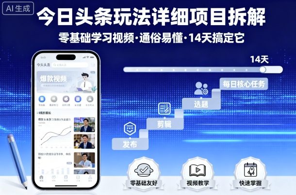 今日头条玩法详细项目拆解，零基础学习视频 通俗易懂 14天搞定它-hl998
