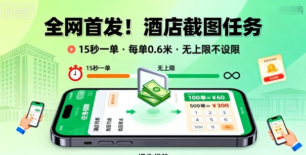 全网首发！酒店截图任务，15秒一单，每单0.6米，任务无上限不设限，矩阵操作单日3张到手【揭秘】-hl998