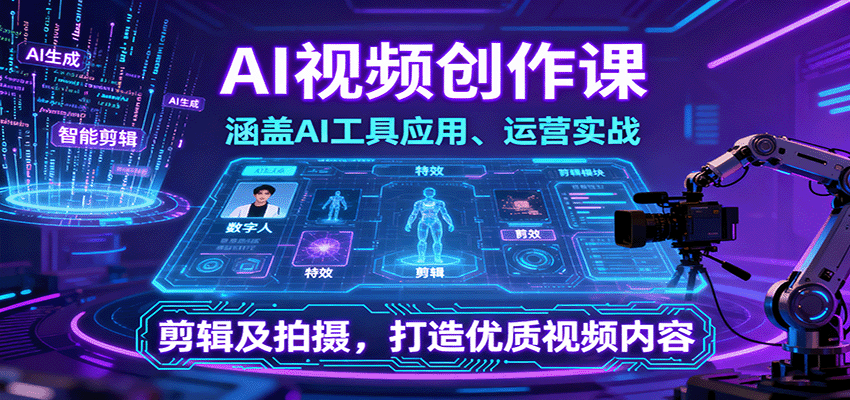 AI视频创作课，涵盖AI工具应用、运营实战、剪辑及拍摄，打造优质视频内容-hl998