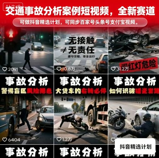 交通事故分析案例短视频，全新赛道，可做抖音精选计划，可同步百家号头条号支付宝视频号平台-hl998