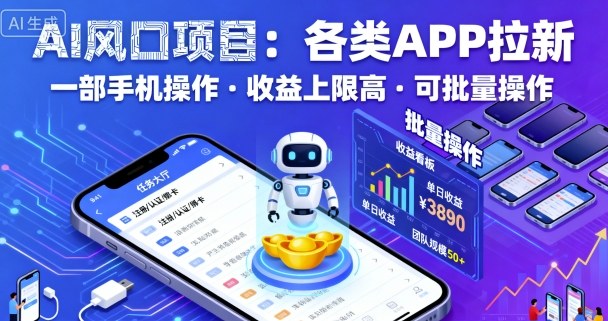 AI风口项目，各类APP拉新，一部手机就可以操作，收益上限高，可批量操作-hl998