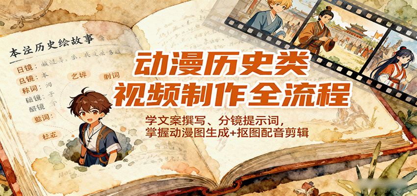 动漫历史类视频制作全流程，学文案撰写、分镜提示词，掌握动漫图生成+抠图配音剪辑-hl998