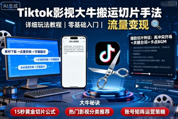 Tiktok影视大牛搬运切片手法，详细玩法教程-hl998