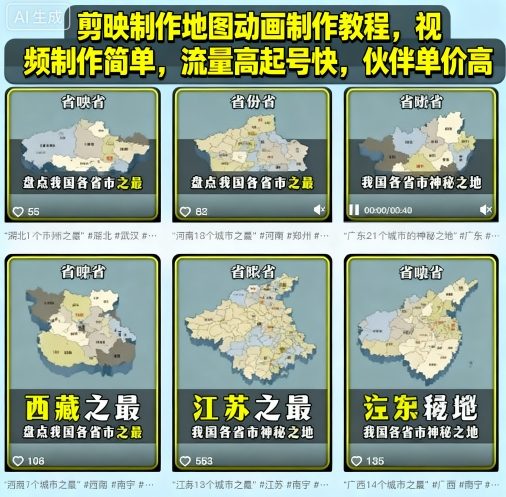 剪映制作地图动画制作教程，视频制作简单，流量高起号快，伙伴单价高-hl998