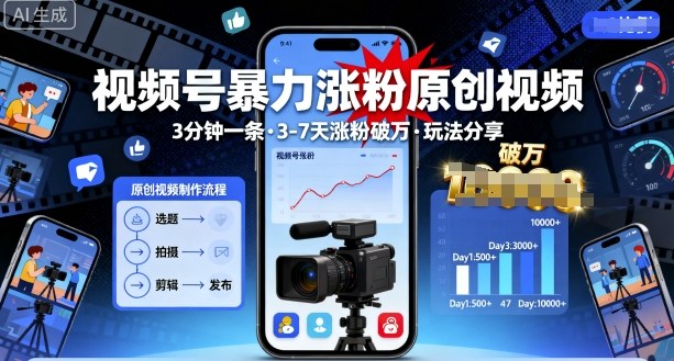 视频号暴力涨粉原创视频，3分钟一条原创视频，3-7天涨粉破万，玩法分享给你-hl998