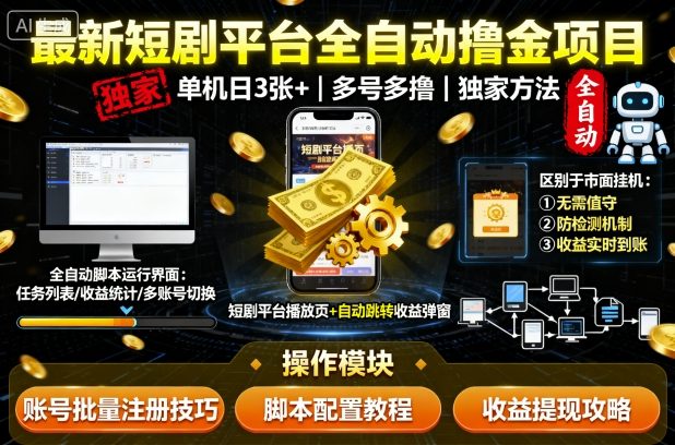 最新短剧平台全自动挂G撸金项目，单机一天3张+，多号多撸，区别于市面所有挂机项目，独家方法【揭秘】-hl998