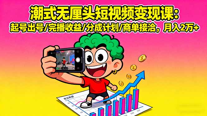 潮式无厘头短视频变现课：起号出号/完播收益/分成计划/商单接洽，月入2万+-hl998