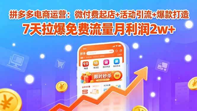 拼多多电商运营：微付费起店+活动引流+爆款打造 7天拉爆免费流量月利润2w+-hl998