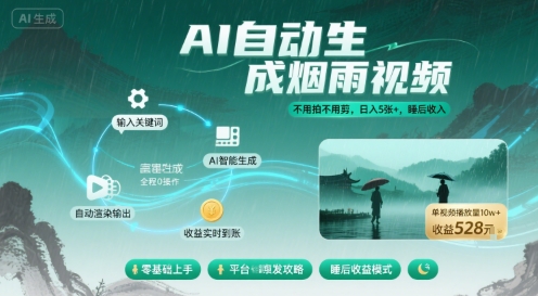 不用拍不用剪！AI自动生成烟雨视频，日入5张+，睡后收入-hl998