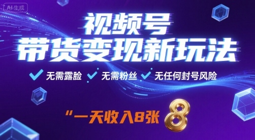 视频号带货变现新玩法，无需露脸，无需粉丝，无任何封号风险，一天收益8张【揭秘】-hl998