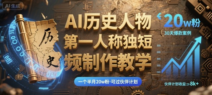 最新AI历史人物第一人称独白短视频制作教学,一个半月20w粉,可过伙伴计划
