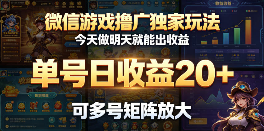 微信游戏撸广独家玩法，今天做明天就能出收益，单号日收益20+，可多号矩阵放大-hl998