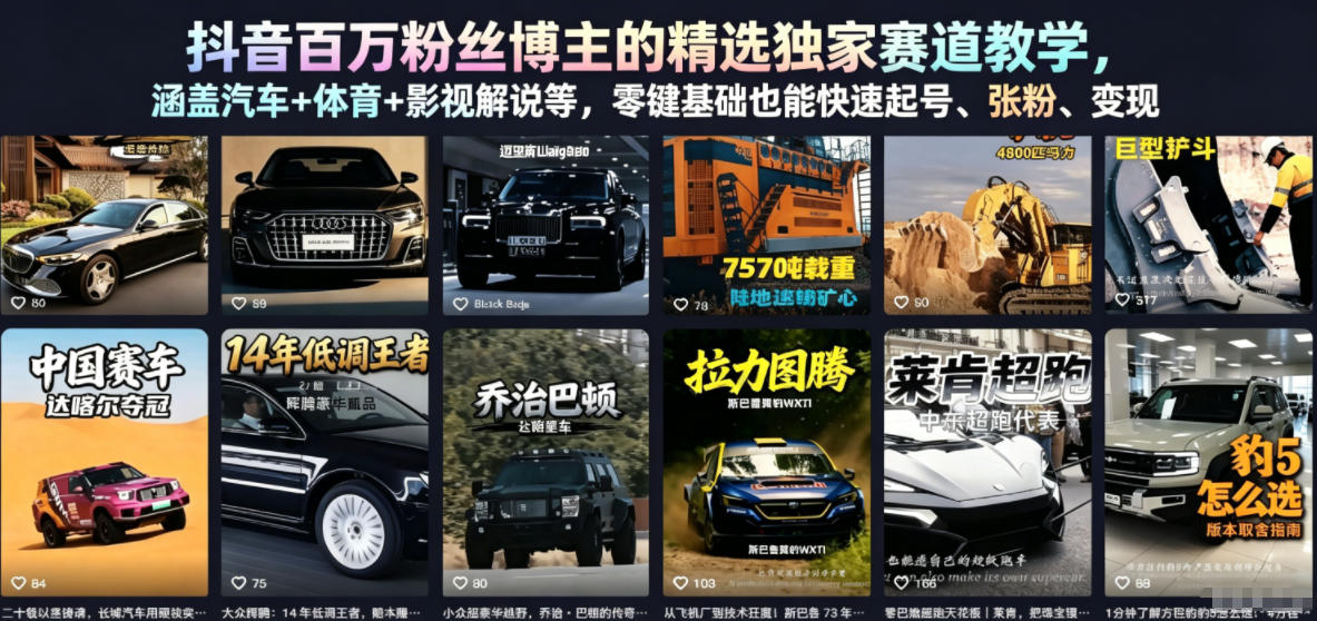 抖音百万粉丝博主的精选独家赛道教学，涵盖汽车+体育+影视解说等，零基础也能快速起号、涨粉、变现-hl998