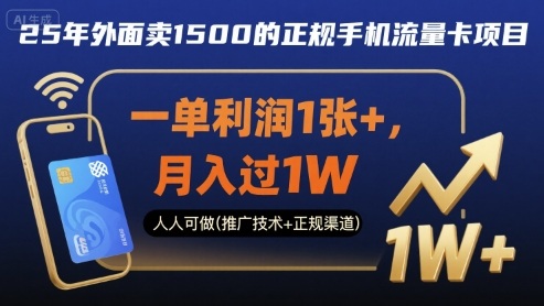 25年外面卖1500的正规手机流量卡项目，一单利润1张+，月入过1W，人人可做(推广技术+正规渠道)【揭秘】-hl998