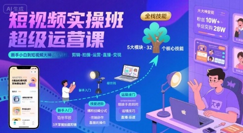短视频实操班超级运营课，新手小白到短视频大神必修课程，剪辑-拍摄-运营-直播-变现-hl998