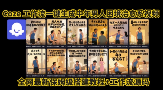 coze工作流一键生成”中年男人困境扎心高涨粉高播放量图文视频”保姆级拆解教程，无需剪辑，无需拍摄写文案-hl998