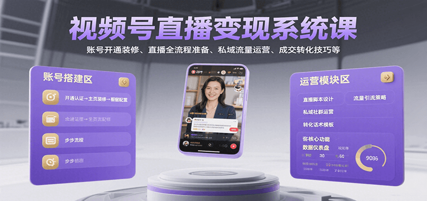 视频号直播变现系统课，账号开通装修、直播全流程准备、私域流量运营、成交转化技巧等-hl998