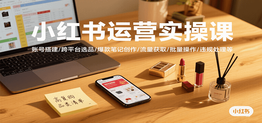 小红书运营实操课，账号搭建/跨平台选品/爆款笔记创作/流量获取/批量操作/违规处理等-hl998
