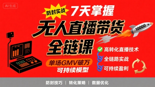 无人直播带货全链防封实战课，7天掌握高转化直播技术，实现单场GMV破万可持续模型-hl998