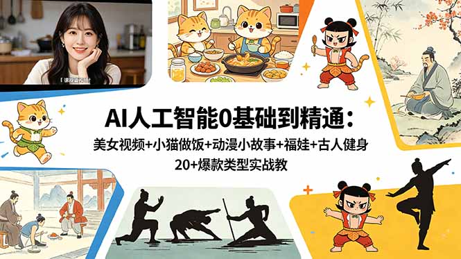 AI人工智能0基础到精通：美女视频+小猫做饭+动漫小故事+福娃+古人健身，20+爆款类型实战教学-hl998