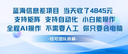 蓝海信息差项目当天收米1k+ 支持矩阵支持自动化小白能操作全程AI操作不需要人工你只要会电脑-hl998
