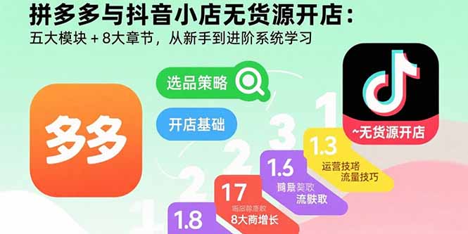 拼多多与抖音小店无货源开店：五大模块+8大章节，从新手到进阶系统学习-hl998