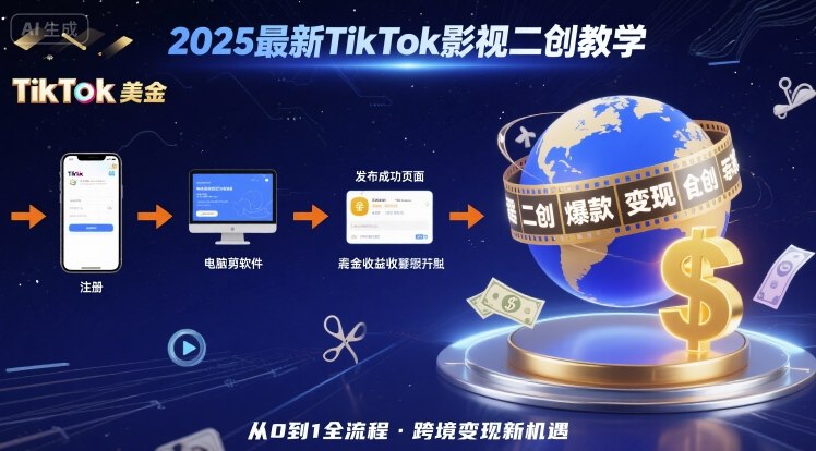 2025年最新TikTok影视二创教学，从注册到发布撸美金全流程，跨境变现新机遇-hl998