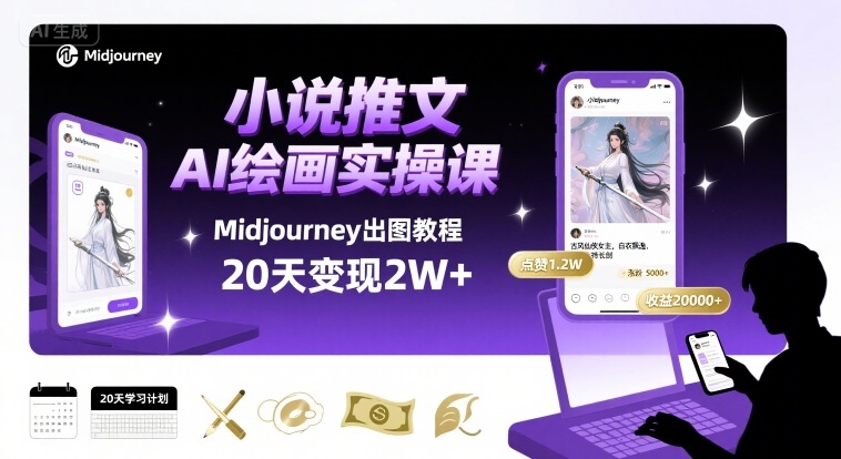 小说推文干货分享之AI绘画MJ出图实操课，用Midjourney做小说推文，20天挣2w-hl998