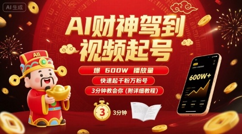 AI财神驾到视频起号，爆600W播放量，快速起千粉万粉号，3分钟教会你(附详细教程)-hl998
