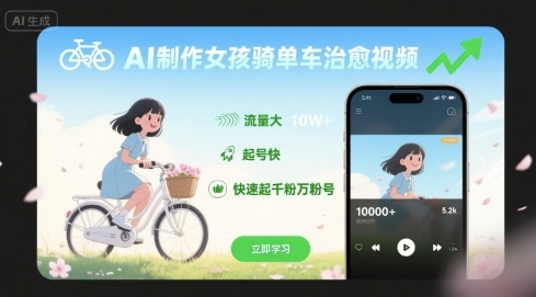 AI制作女孩骑单车治愈视频，流量大，起号快，快速起千粉万粉号-hl998