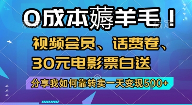 0成本薅羊毛!视频会员、话费卷、30元电影票白送，分享我如何靠转卖一天变现5张+【揭秘】-hl998