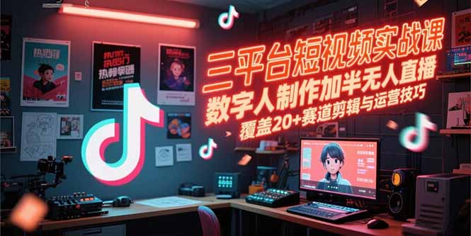 三平台短视频实战课，数字人制作加半无人直播，覆盖20+赛道剪辑与运营技巧-hl998