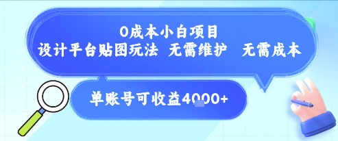 0成本小白项目，设计平台贴图玩法，无需维护，无需成本，单账号单月可产生收益4k+-hl998