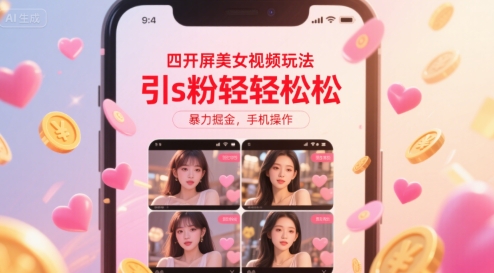 四开屏美女视频玩法，引s粉轻轻松松，暴力掘金，手机操作【揭秘】-hl998