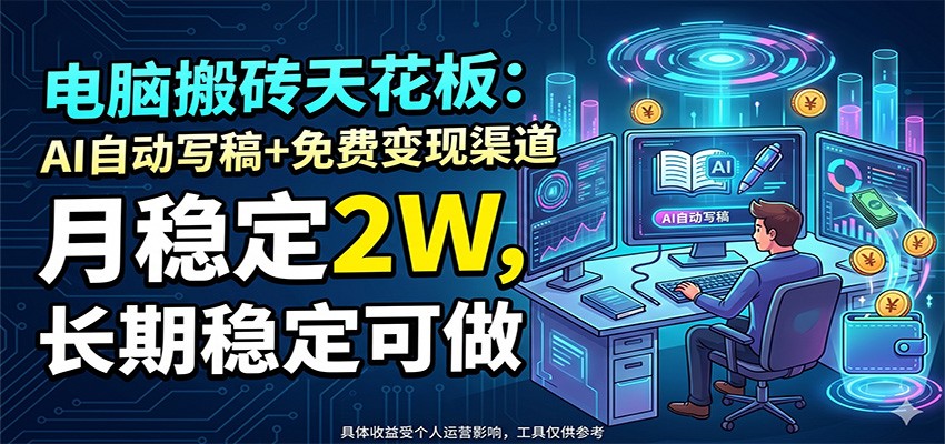 电脑搬砖天花板：AI自动写稿+免费变现渠道，月稳定2W，长期稳定可做-hl998