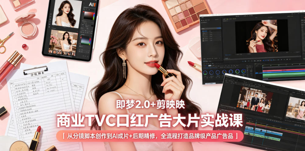 即梦2.0+剪映商业TVC口红广告大片实战课｜从分镜脚本创作到AI成片+后期精修，全流程打造品牌级产品广告-hl998