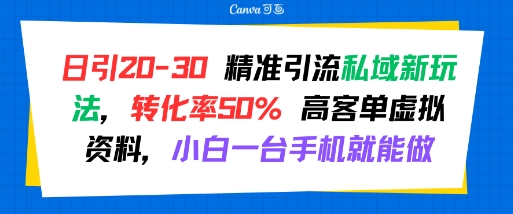 日引 20-30 精准引流私域新玩法，转化率50% 高客单虚拟资料，小白一台手机就能做-hl998