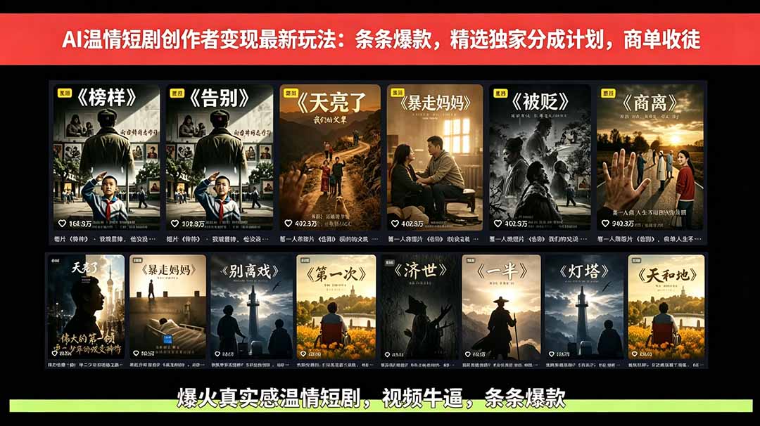 AI温情短剧创作者变现最新玩法：视频牛逼，条条爆款，精选独家分成计划，商单收徒-hl998