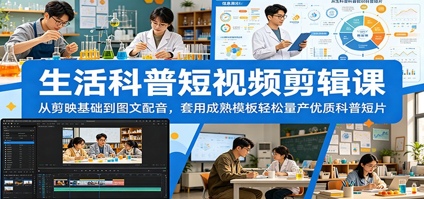 生活科普短视频剪辑课：从剪映基础到图文配音，套用成熟模板轻松量产优质科普短片-hl998