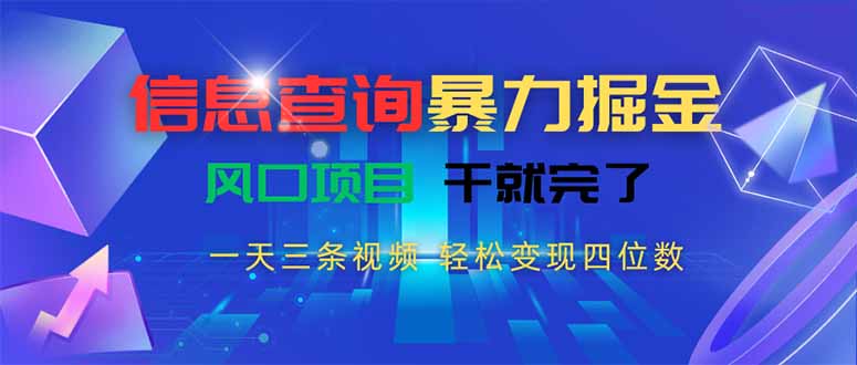 信息查询暴力掘金，一天三条视频 轻松变现四位数，风口项目干就完了-hl998