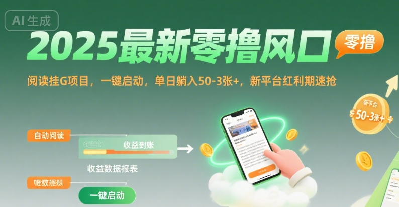 2025最新零撸风口，阅读挂G项目，一键启动，单日躺入 50-3张+，新平台红利期速抢【揭秘】-hl998