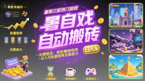 暑假三款热门游戏自动搬砖，长期稳定，轻松搬砖吃肉，日入1k ，可批量矩阵无限放大【揭秘】-hl998