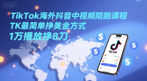 TikTok海外抖音中视频陪跑课程，TK最简单挣美金方式，1万播放挣8刀-hl998