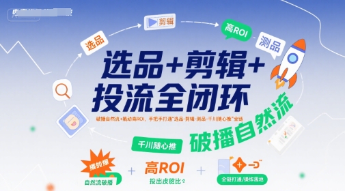 选品+剪辑+投流全闭环，破播自然流+撬动高ROI，手把手打通“选品-剪辑-测品-千川随心推”全链-hl998